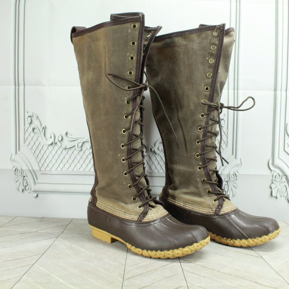 LL Bean Green Canvas Waxed Coated Waterproof Tall Duck Boots Size 6 Medium - Picture 3 of 9